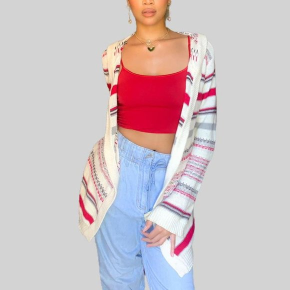 striped knit cardigan hoodie in gray, red, and off white - Picture 1 of 4
